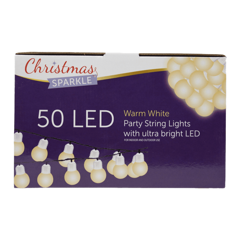 Christmas Sparkle Outdoor and Indoor Party String Bulbs with 50 Ultra bright LEDS in Warm White with Green Cable