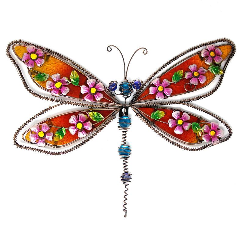Dragonfly with Glass and Small Flowers Wall Art Garden Accessory