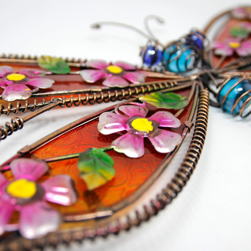 Dragonfly with Glass and Small Flowers Wall Art Garden Accessory