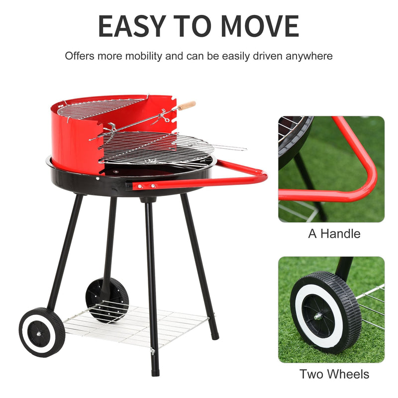 Outsunny Outdoor Charcoal BBQ Grill with Wheels - Red/ Black