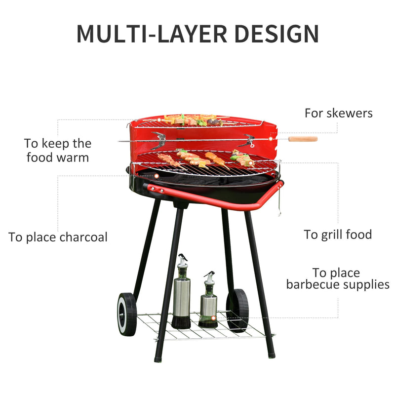 Outsunny Outdoor Charcoal BBQ Grill with Wheels - Red/ Black