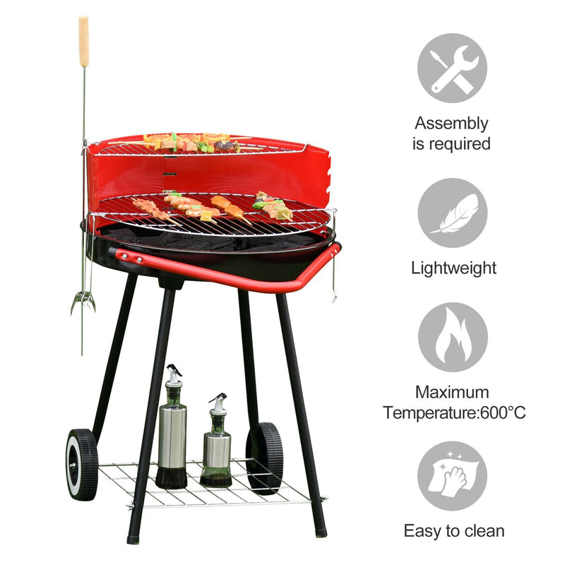 Outsunny Outdoor Charcoal BBQ Grill with Wheels - Red/ Black