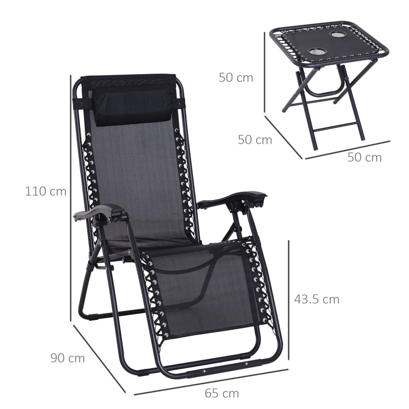 Outsunny-2 Piece Foldable Reclining Loungers With Side Table - Black