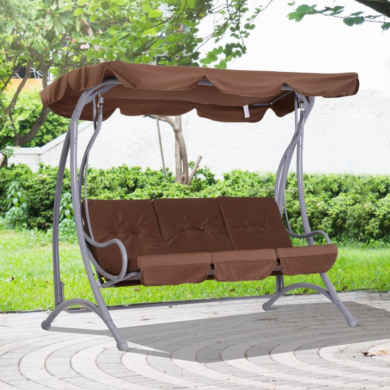 3 Seater Garden Metal Swing Bench - Coffee