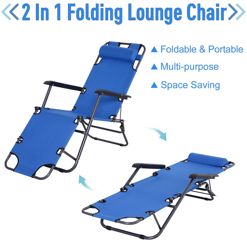 Outsunny Metal Frame 2 In 1  Sun Lounger Chair w/ Pillow Blue