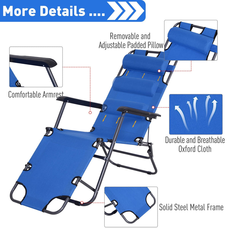Outsunny Metal Frame 2 In 1  Sun Lounger Chair w/ Pillow Blue