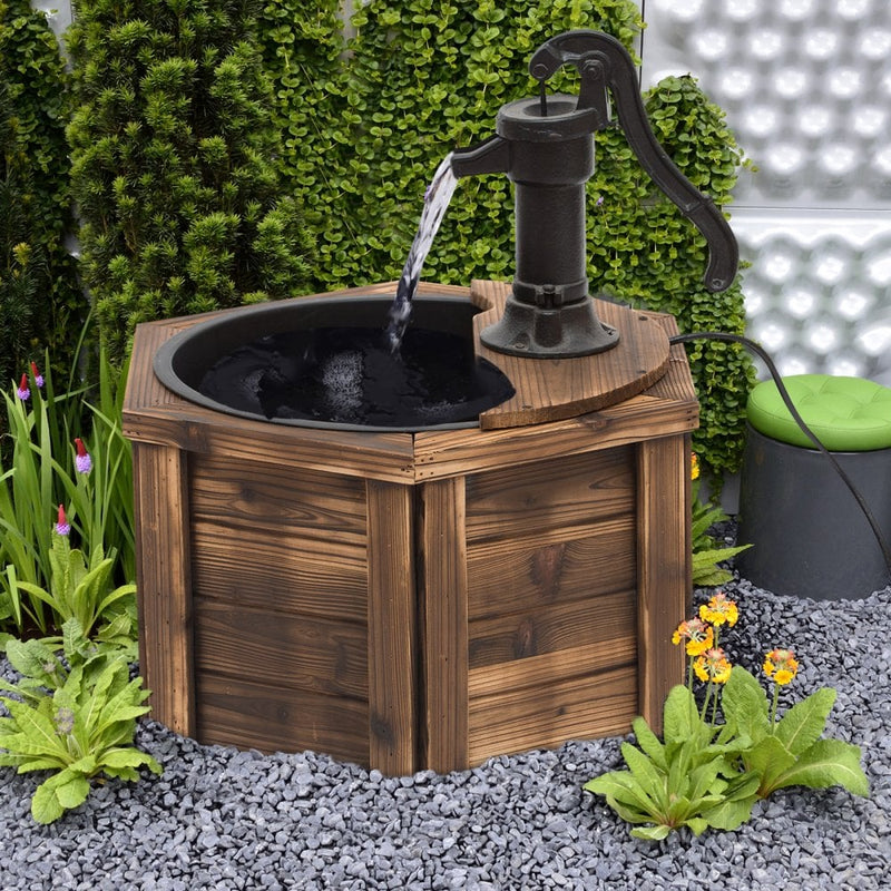 Outsunny Wooden Electric Water Fountain Garden Ornament w/ Hand Pump Plastic Well Classic Water Pump Feature