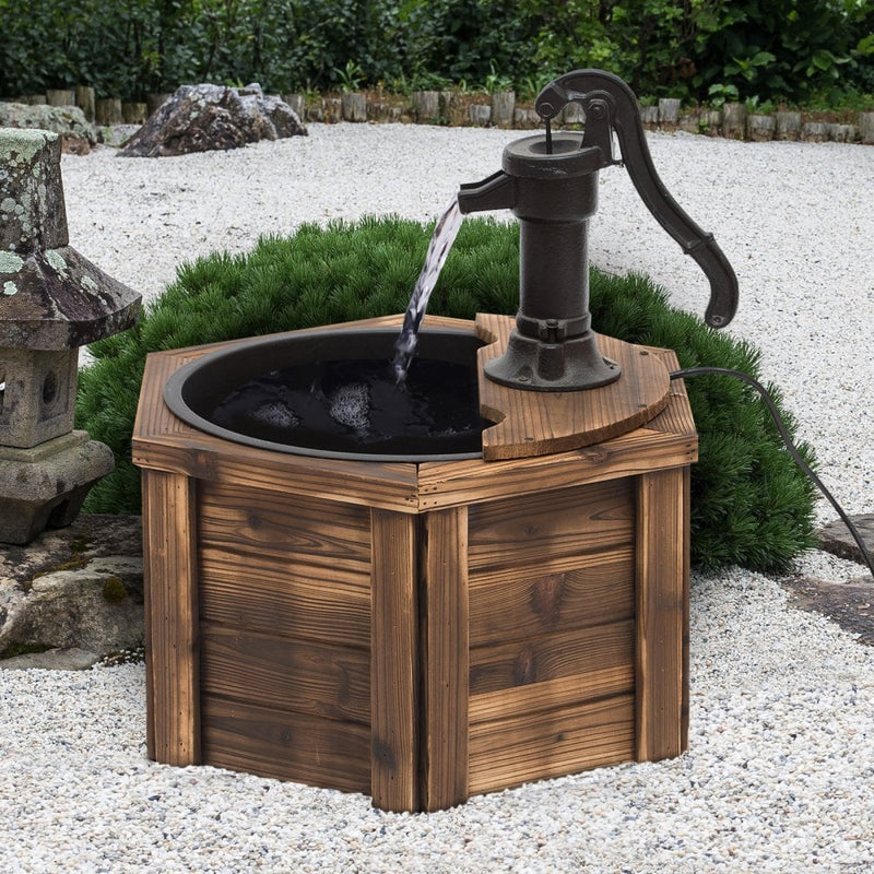 Outsunny Wooden Electric Water Fountain Garden Ornament w/ Hand Pump Plastic Well Classic Water Pump Feature