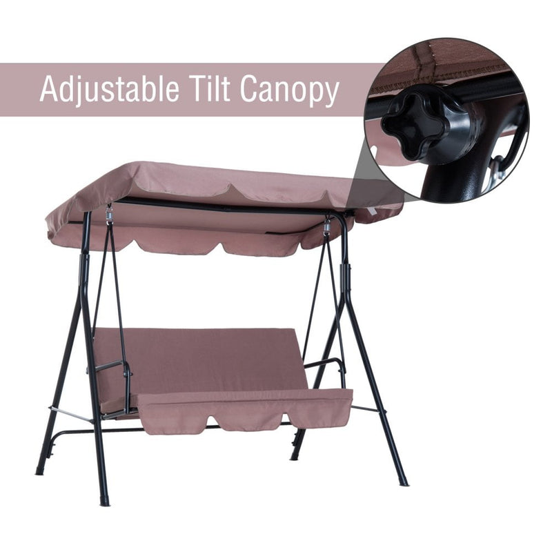Outsunny 3 Seater Canopy Swing Chair Garden Rocking Bench Heavy Duty Patio Metal Seat w/ Top Roof - Brown