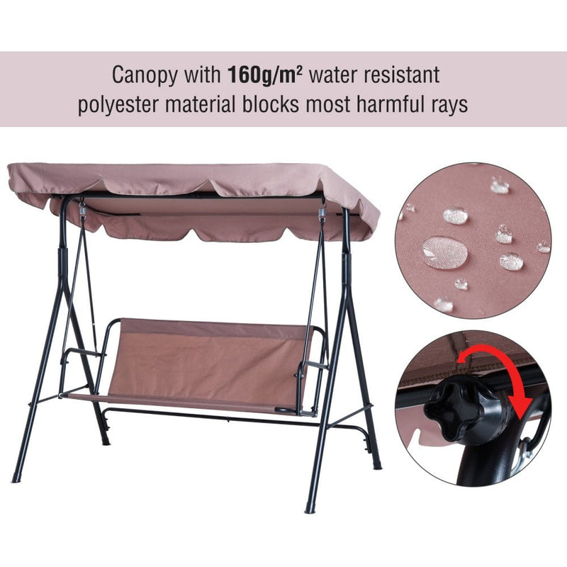 Outsunny 3 Seater Canopy Swing Chair Garden Rocking Bench Heavy Duty Patio Metal Seat w/ Top Roof - Brown