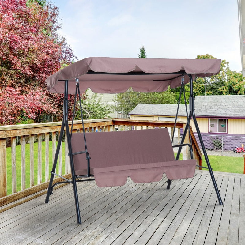 Outsunny 3 Seater Canopy Swing Chair Garden Rocking Bench Heavy Duty Patio Metal Seat w/ Top Roof - Brown