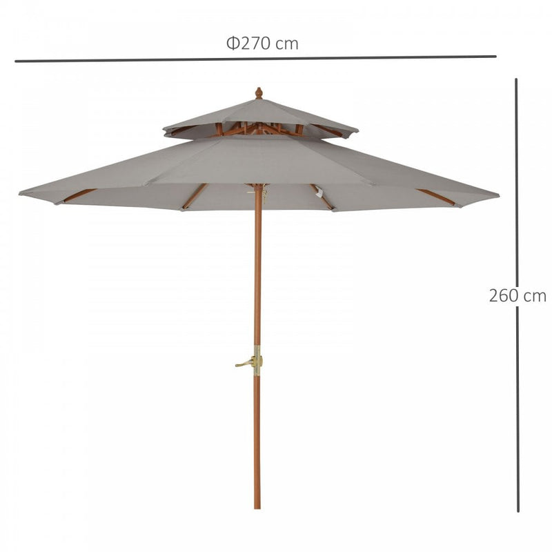 Outsunny Double Tier Wooden Umbrella Parasol 2.7m - Grey