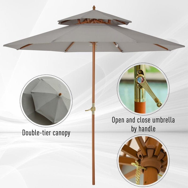 Outsunny Double Tier Wooden Umbrella Parasol 2.7m - Grey