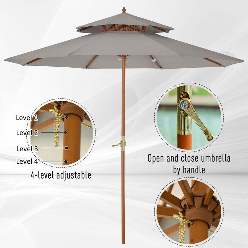 Outsunny Double Tier Wooden Umbrella Parasol 2.7m - Grey