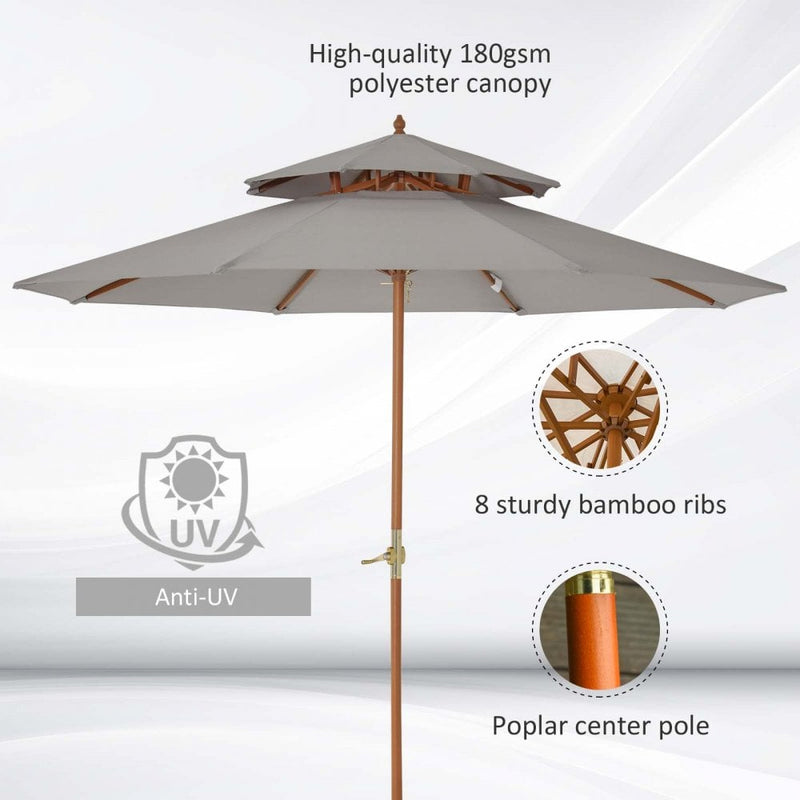 Outsunny Double Tier Wooden Umbrella Parasol 2.7m - Grey
