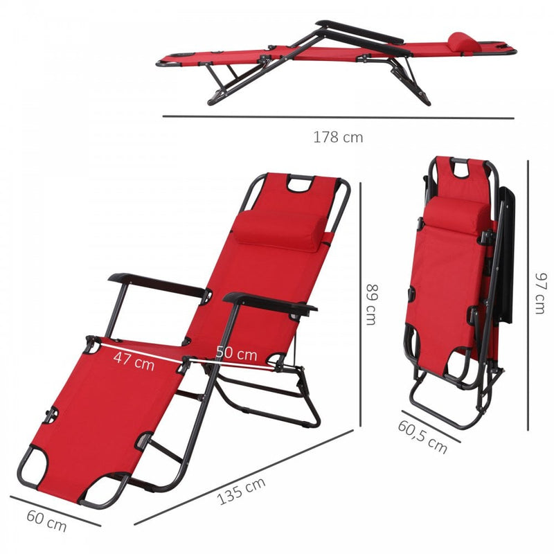 Outsunny-2 in 1 Metal Frame Sun Lounger With Pillow - Red