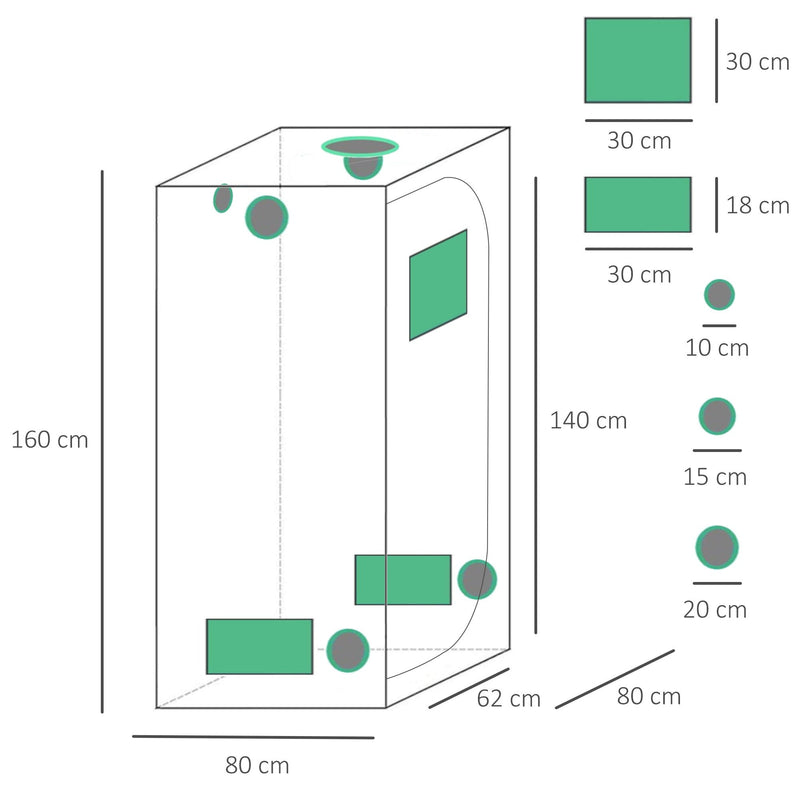 Outsunny Hydroponic Plant Grow Tent 80L x 80W x 160Hcm