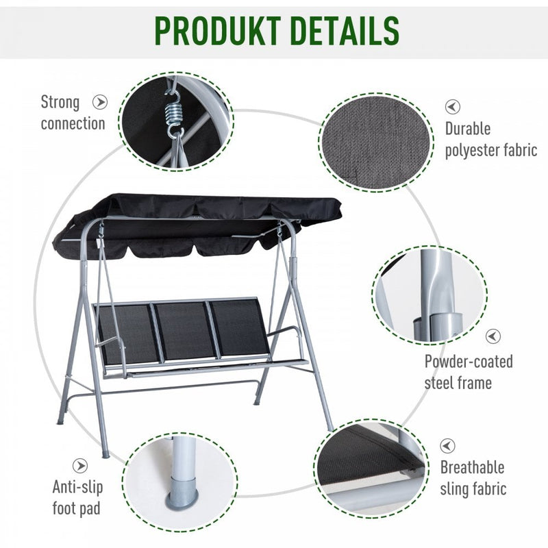 Outsunny-3 Seater Steel  Swing Bench - Black