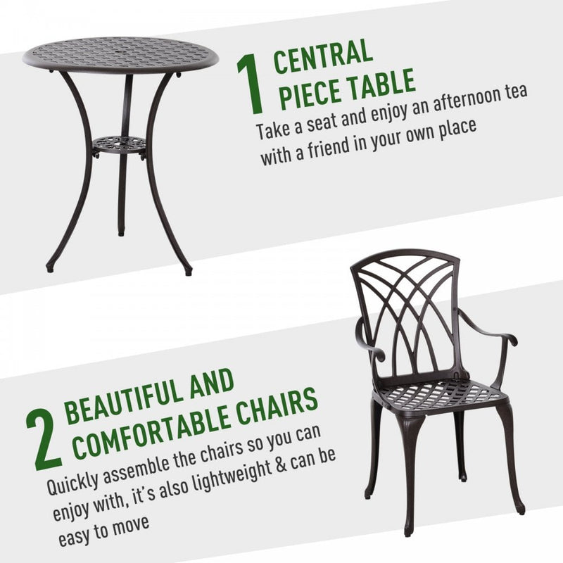 Outsunny Patio Cast Aluminium 3 PCS Brown Bistro Set Coffee Table & 2 Chairs Set Outdoor Garden Furniture Set