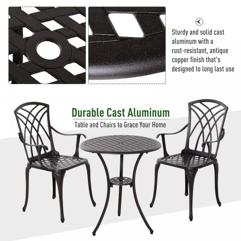 Outsunny Patio Cast Aluminium 3 PCS Brown Bistro Set Coffee Table & 2 Chairs Set Outdoor Garden Furniture Set