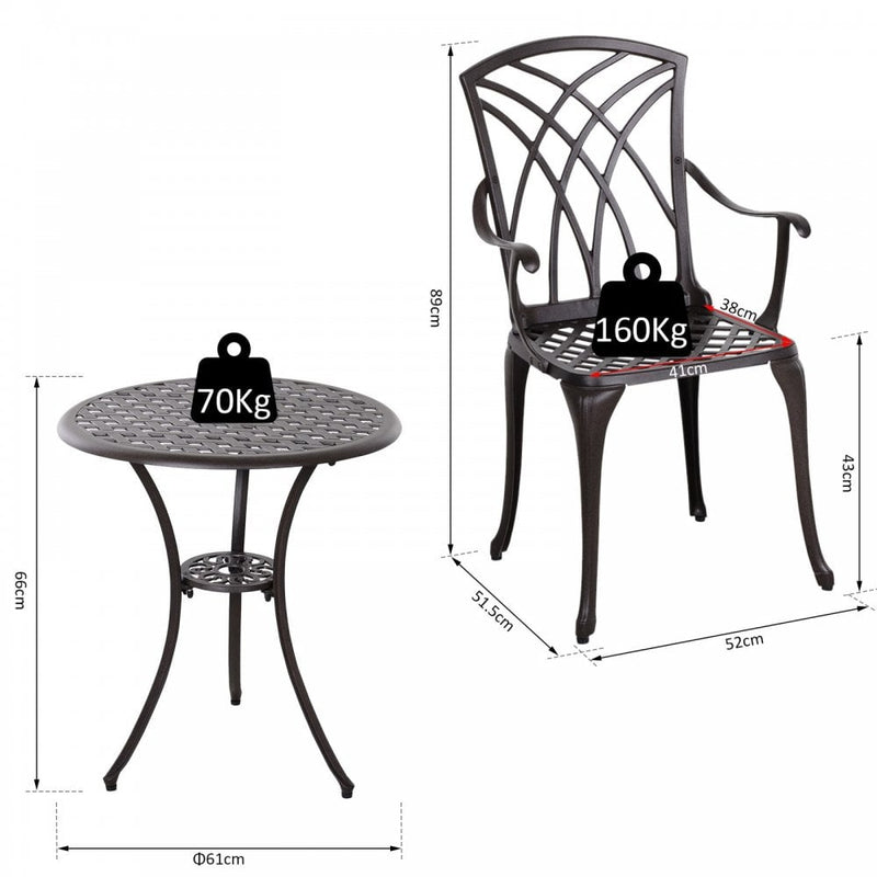Outsunny Patio Cast Aluminium 3 PCS Brown Bistro Set Coffee Table & 2 Chairs Set Outdoor Garden Furniture Set
