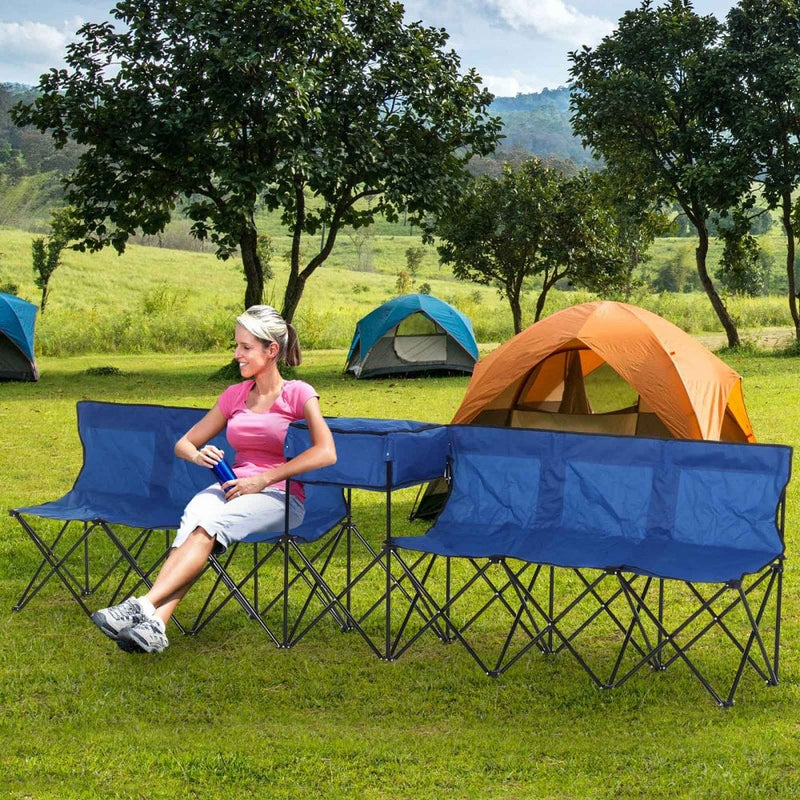 6 Seater Folding Camping Chair with Cooler Bag - Blue