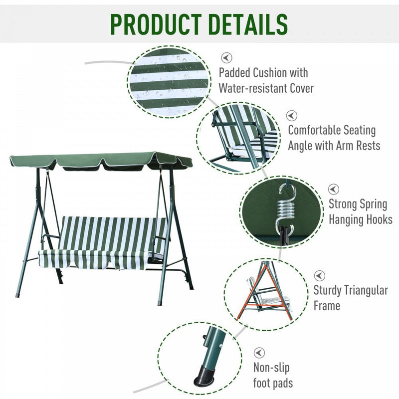 Outsunny- 3 Seater Swing Bench with Adjustable Canopy - Green Stripe