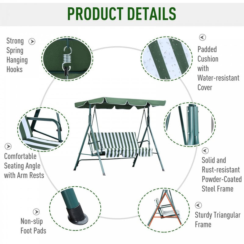 Outsunny- 3 Seater Swing Bench with Adjustable Canopy - Green Stripe