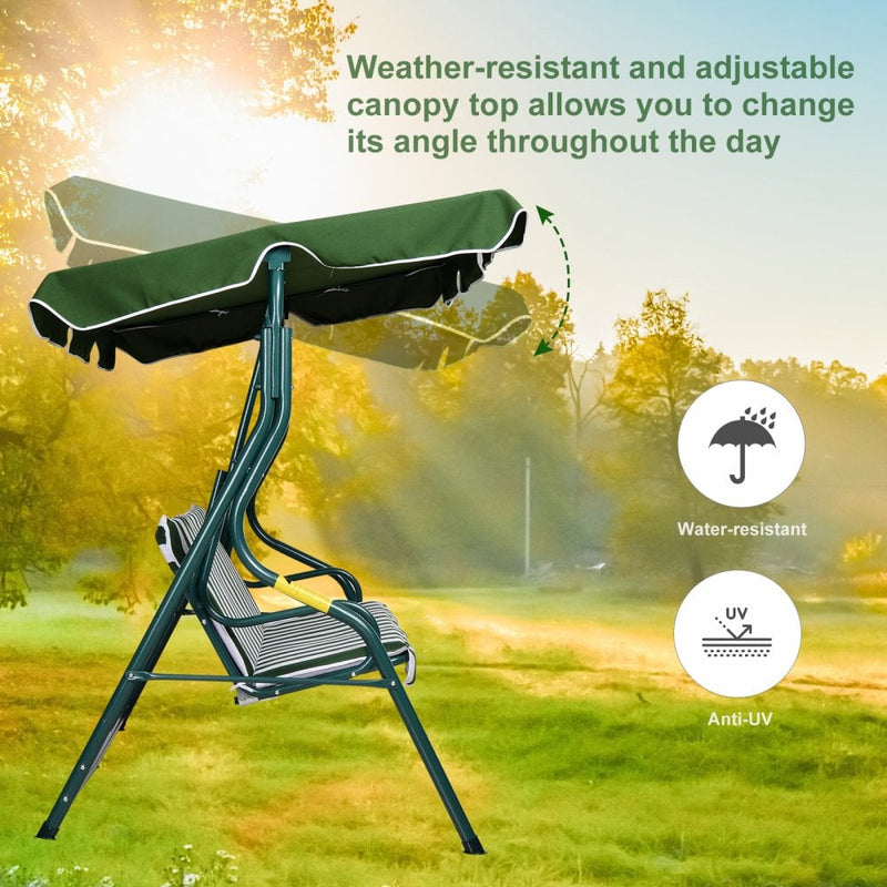 Outsunny 3 Seater Canopy Swing Chair Outdoor Garden Bench with Adjustable Canopy and Metal Frame - Green Stripes