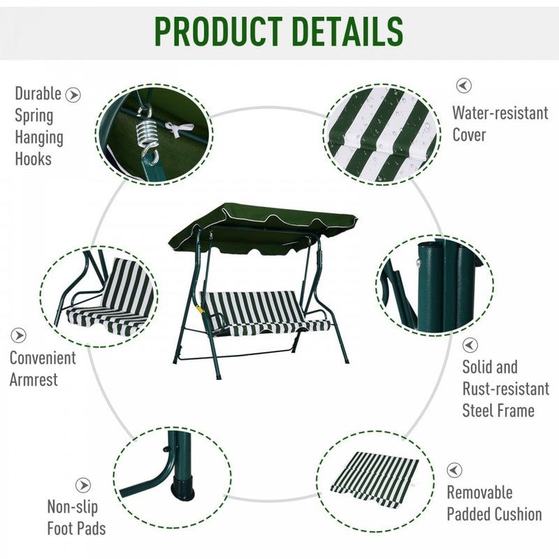 Outsunny 3 Seater Canopy Swing Chair Outdoor Garden Bench with Adjustable Canopy and Metal Frame - Green Stripes