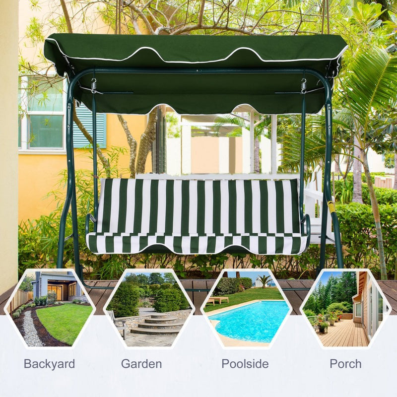 Outsunny 3 Seater Canopy Swing Chair Outdoor Garden Bench with Adjustable Canopy and Metal Frame - Green Stripes