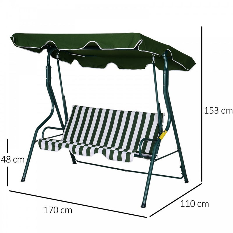 Outsunny 3 Seater Canopy Swing Chair Outdoor Garden Bench with Adjustable Canopy and Metal Frame - Green Stripes