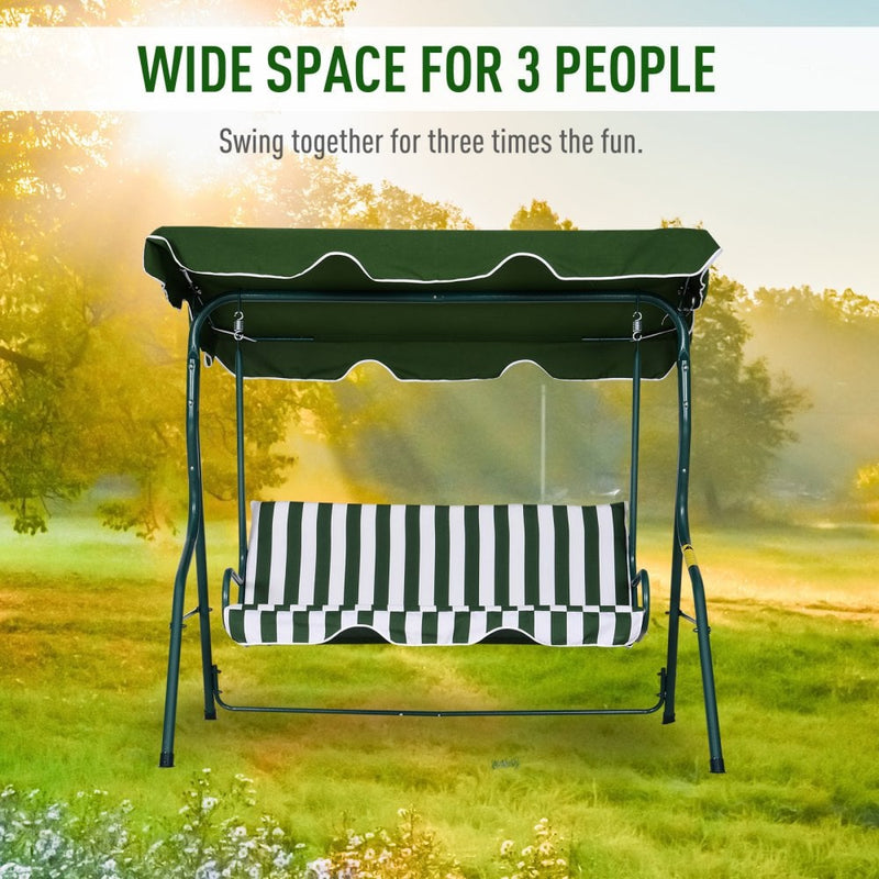 Outsunny 3 Seater Canopy Swing Chair Outdoor Garden Bench with Adjustable Canopy and Metal Frame - Green Stripes
