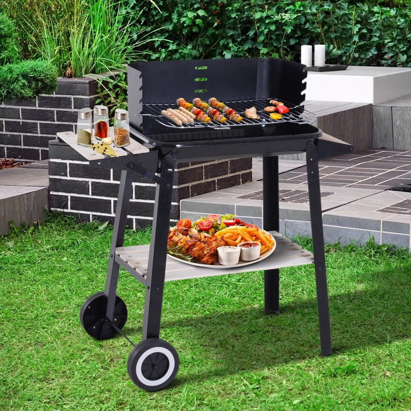 Outsunny Large Family Charcoal BBQ Grill with Wheels - Black