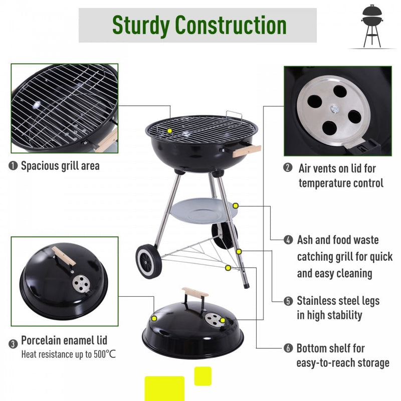 Outsunny Portable Round Charcoal Grill BBQ - Black