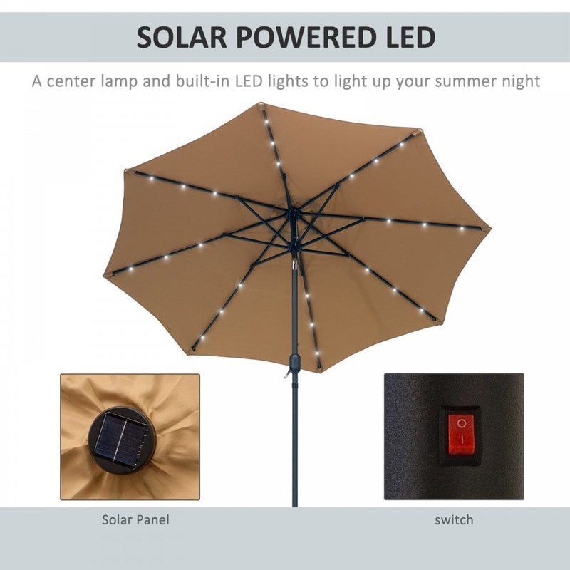 Outsunny 24 LED Solar Powered Parasol Umbrella-Brown