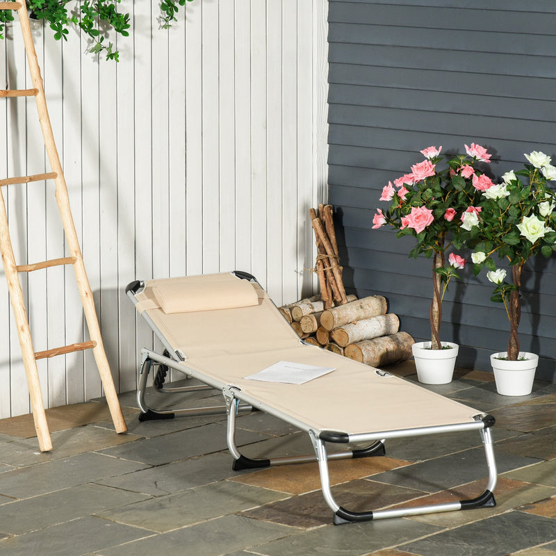Outsunny Folding Reclining Sun Lounger With Pillow Khaki