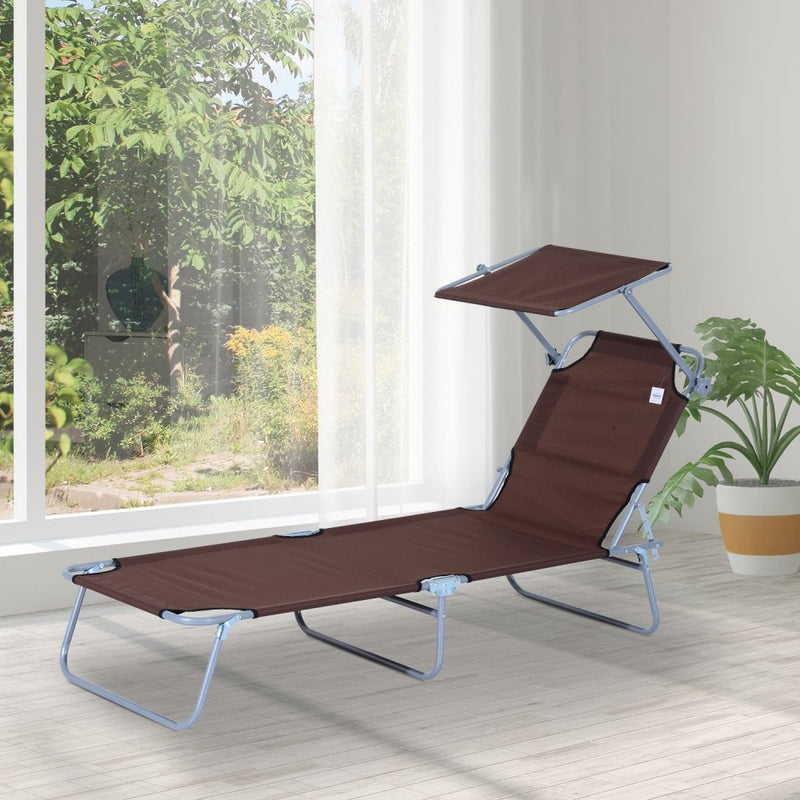 Outsunny Folding Reclining Sun lounger With Sun Shade - Brown