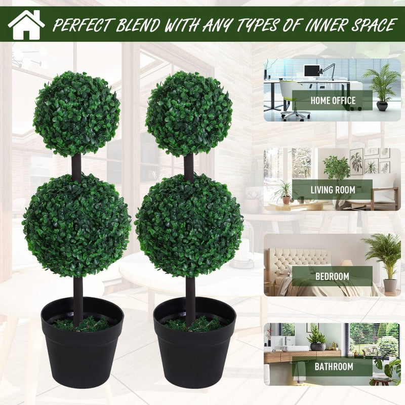 Outsunny Set of 2 Artificial Boxwood Plant Tree's with Pot - Green