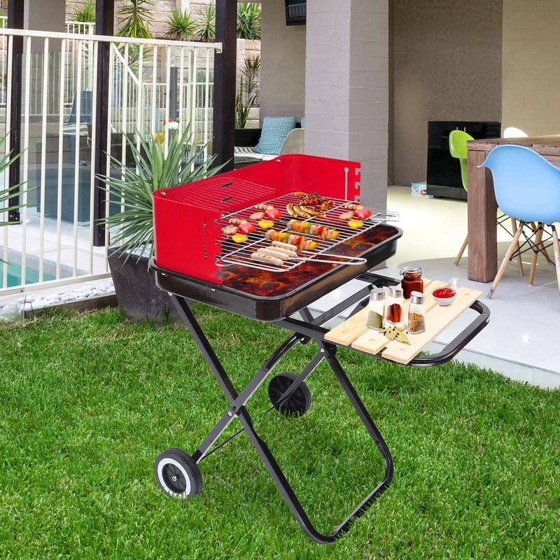 Outsunny Outdoor Foldable Charcoal BBQ Grill with Wheels - Red / Black