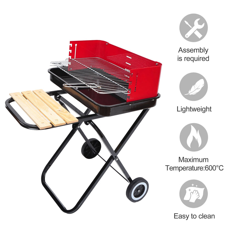 Outsunny Outdoor Foldable Charcoal BBQ Grill with Wheels - Red / Black