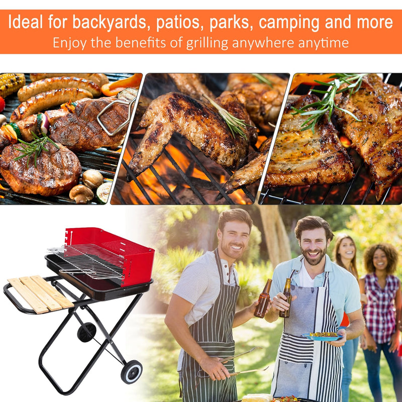 Outsunny Outdoor Foldable Charcoal BBQ Grill with Wheels - Red / Black