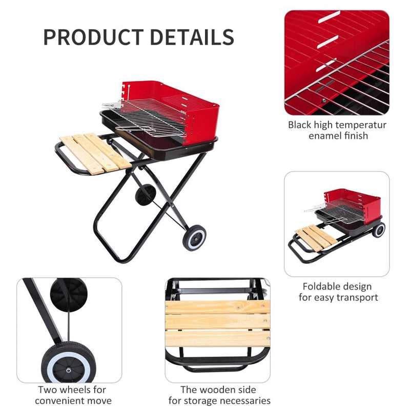 Outsunny Outdoor Foldable Charcoal BBQ Grill with Wheels - Red / Black