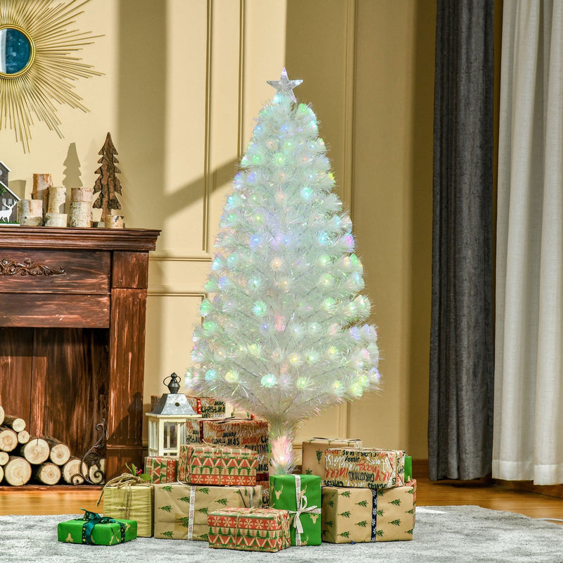 Christmas Time 5FT Prelit Artificial Christmas Tree w/ Fiber Optic, Xmas Decoration, White