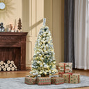 HOMCOM 4FT Prelit Artificial Snow Flocked Christmas Tree with Warm White LED Light- Green White