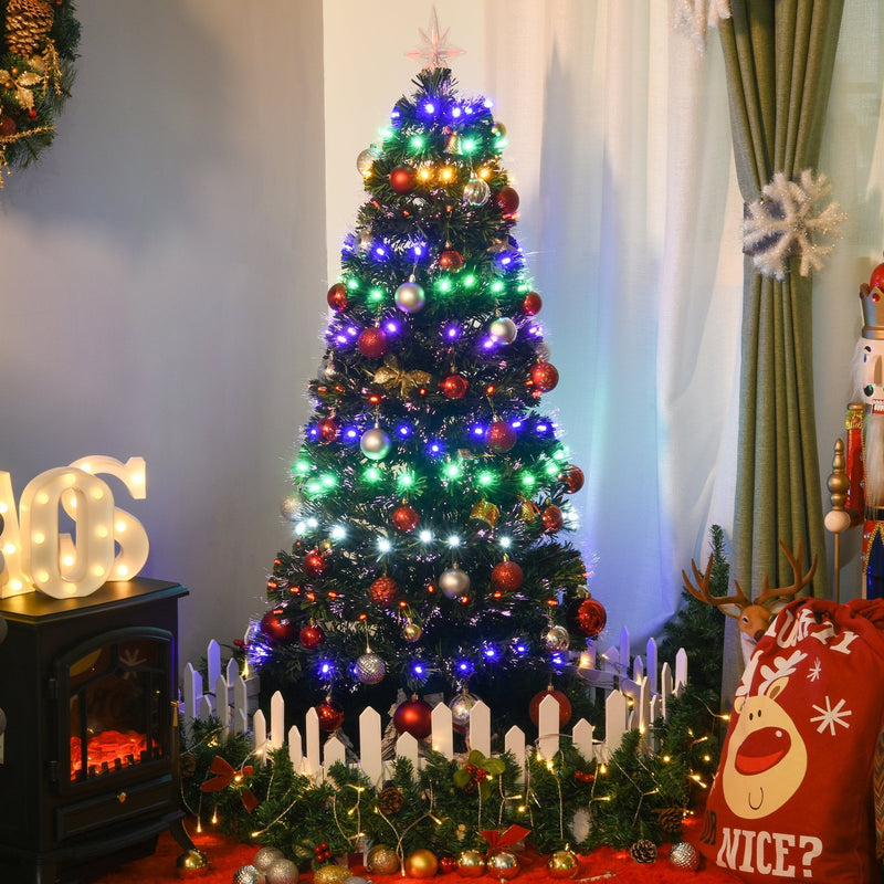 Christmas Time 5ft Pre-Lit Fiber Optic Christmas Tree W/ Star Tree Topper, Solid Metal Base, 170 Branch Tips, 6 Color LED Lights Home Decoration