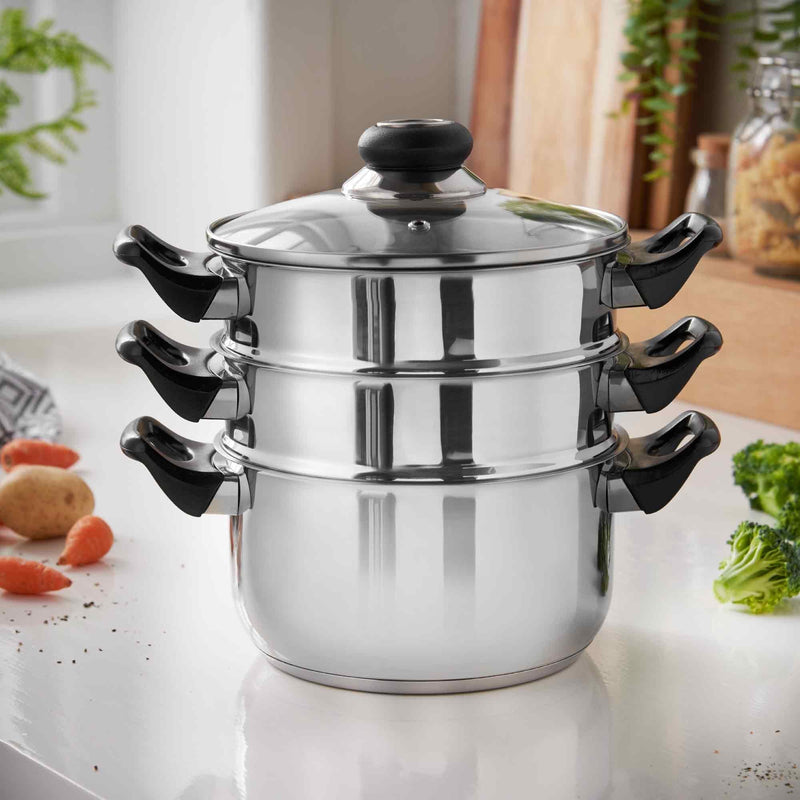 Lewis's Stainless Steel 3 Tier 18cm Steamer Pan With Glass Lid - Silver