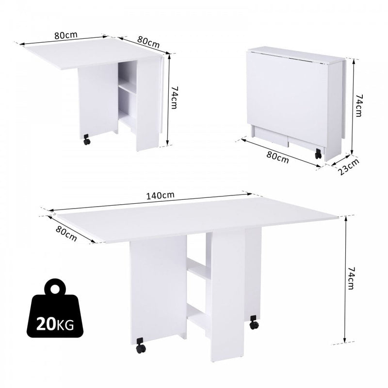 Kitchen Folding Desk Mobile Drop Leaf Dining Table With Wheels & Storage Shelves - White Wood Grain