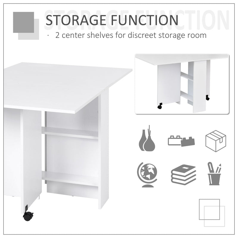 Kitchen Folding Desk Mobile Drop Leaf Dining Table With Wheels & Storage Shelves - White Wood Grain