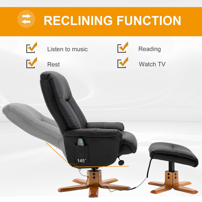10-Point Massage Sofa Armchair Chair PU Leather W/ Footrest Stool Recliner Black Ottoman